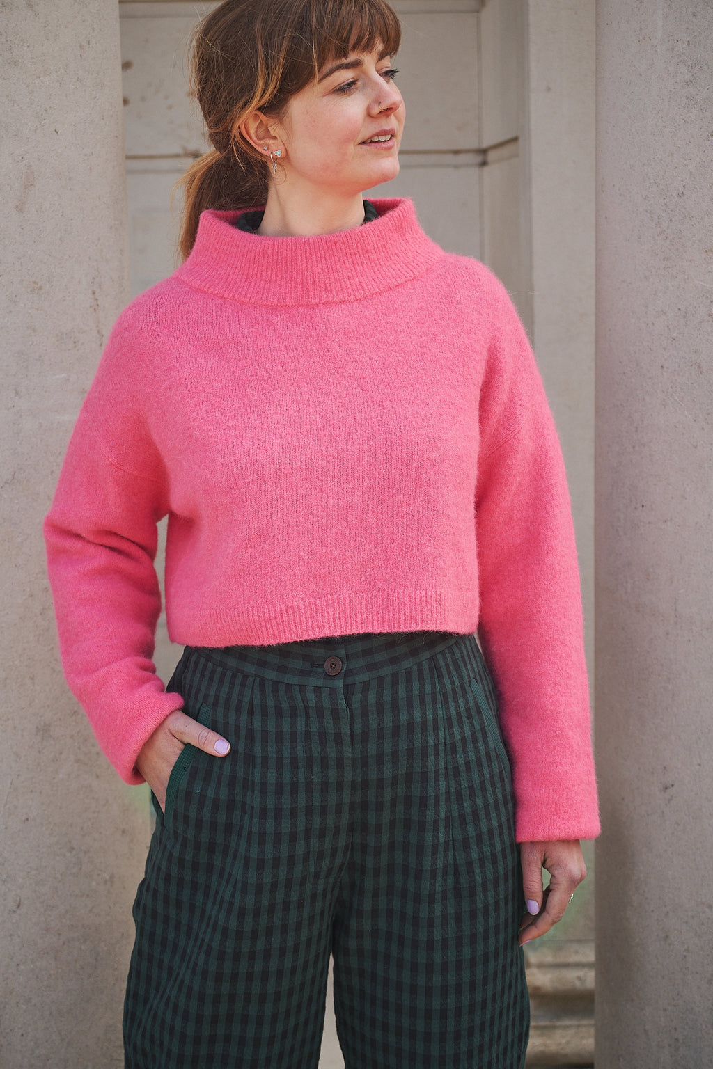 Pink Cropped Funnel Neck Jumper
