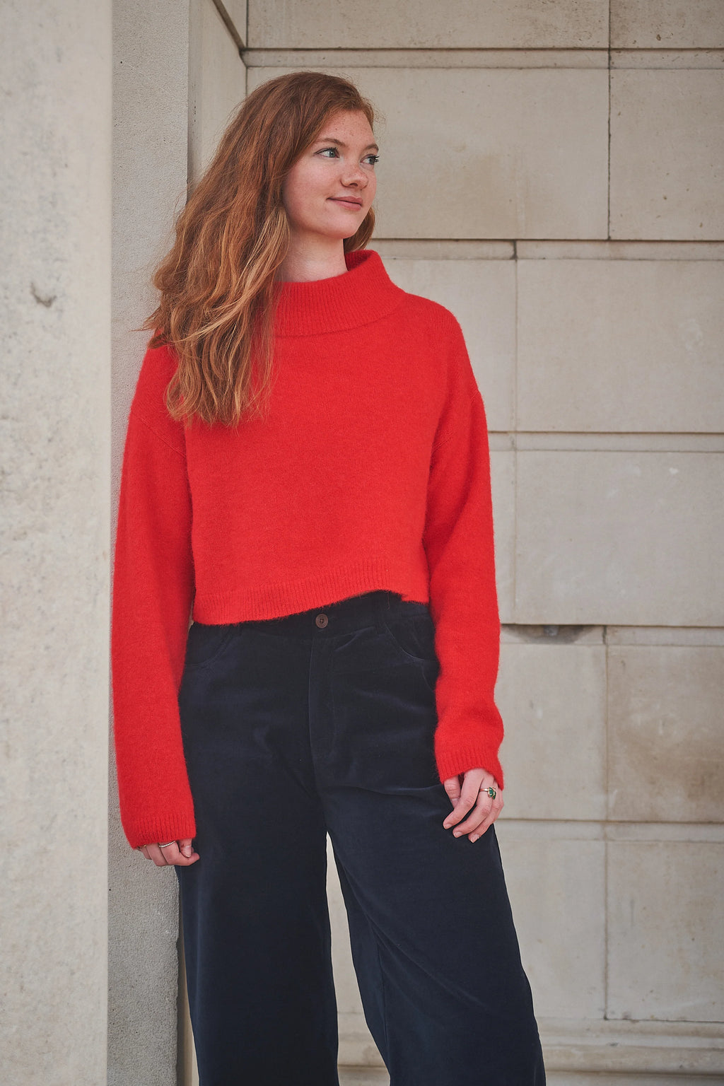Red Cropped Funnel Neck Jumper