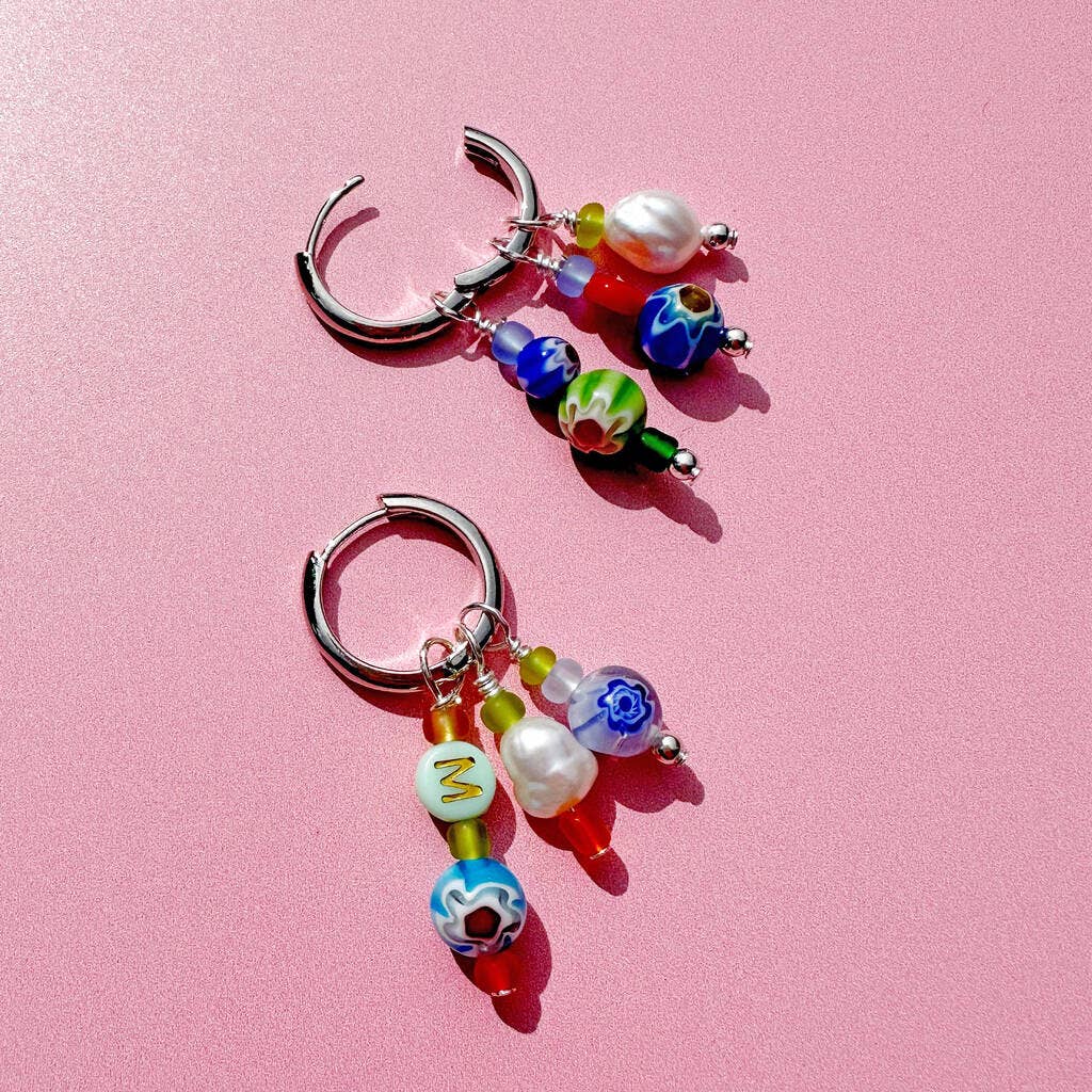 No Waste Millefiori Bead And Pearl Huggie Hoop Earrings