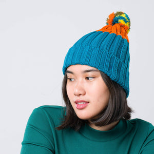 Chunky Colorblock Knit Pom Beanie: Teal