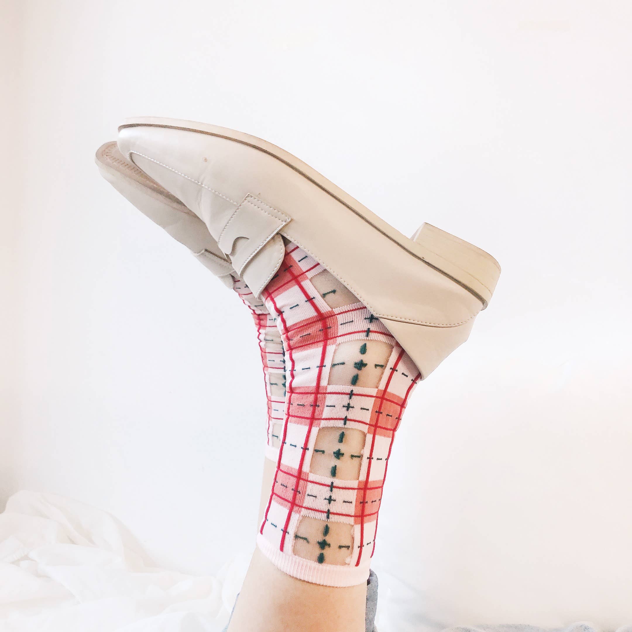 Tartan Sheer Socks - Pink and Peach