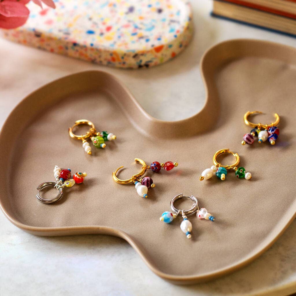 No Waste Millefiori Bead And Pearl Huggie Hoop Earrings