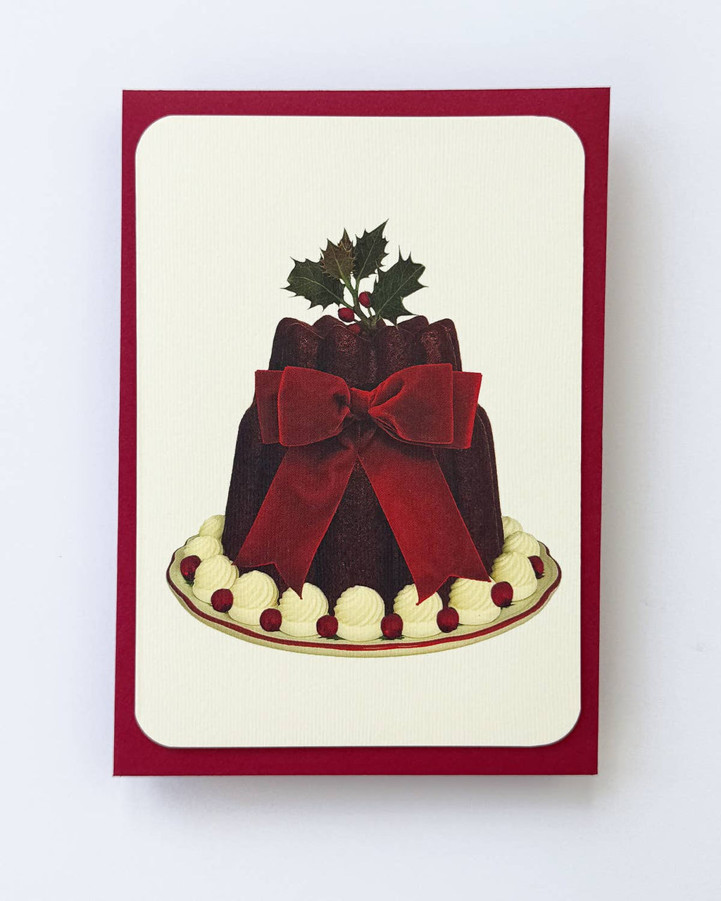 Christmas Plum Pudding Red Velvet Bow Greeting Card