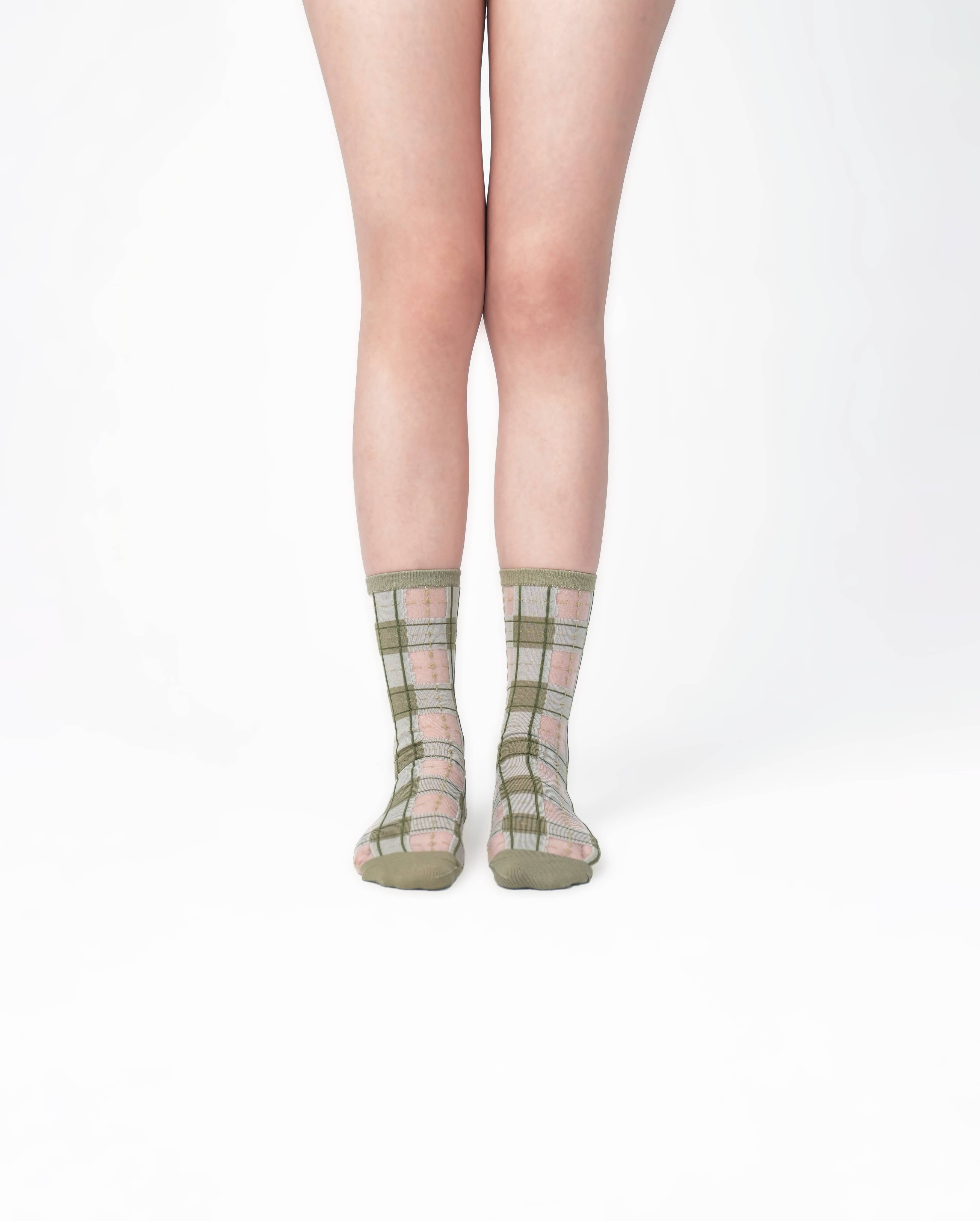 Tartan Sheer Socks - Sage Green