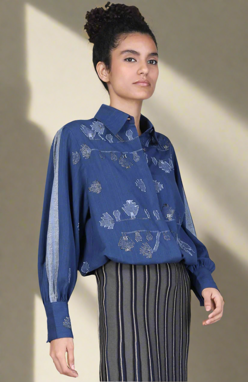 Indigo Embroidered Shirt- Large