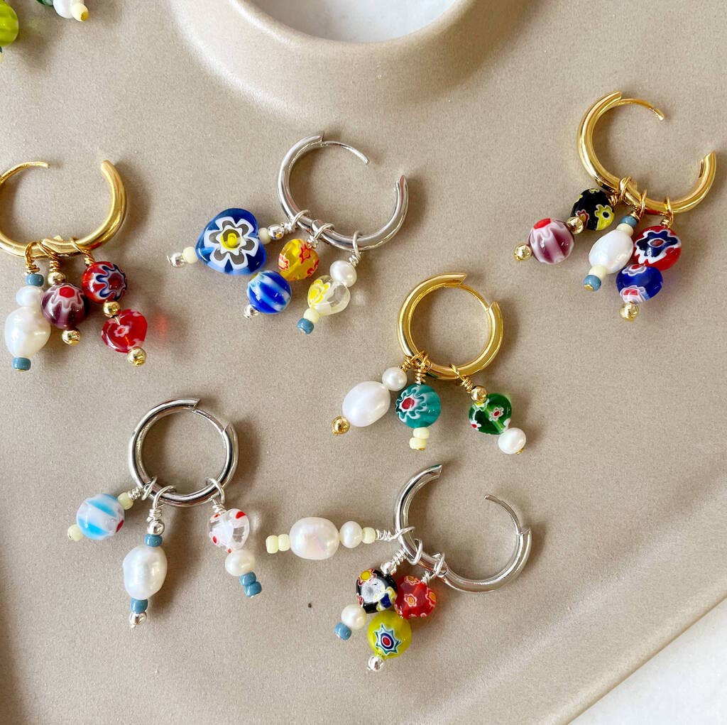 No Waste Millefiori Bead And Pearl Huggie Hoop Earrings