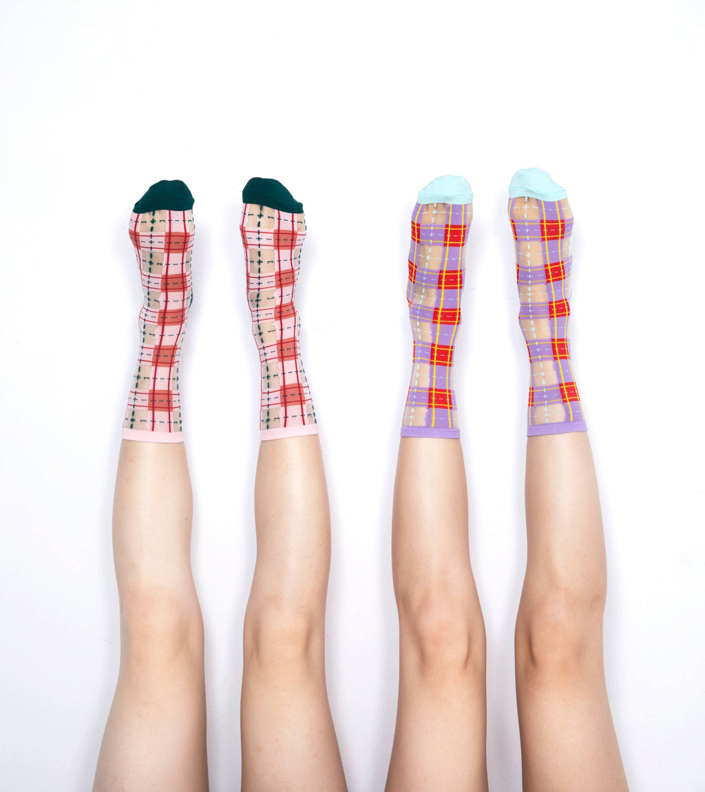Tartan Sheer Socks - Pink and Peach