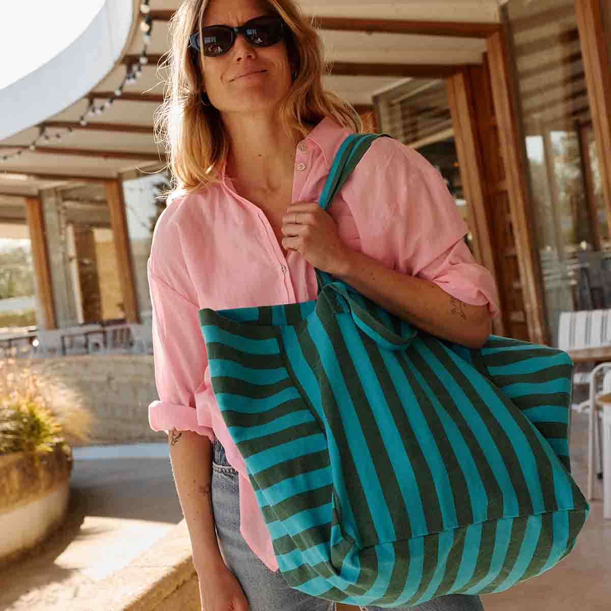 Blue and Green Stripes Elisa Tote Bag