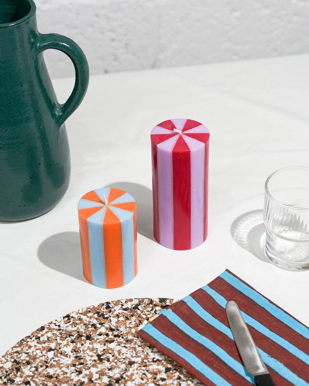 Red / Pink Stripe Pillar Candle (Medium)