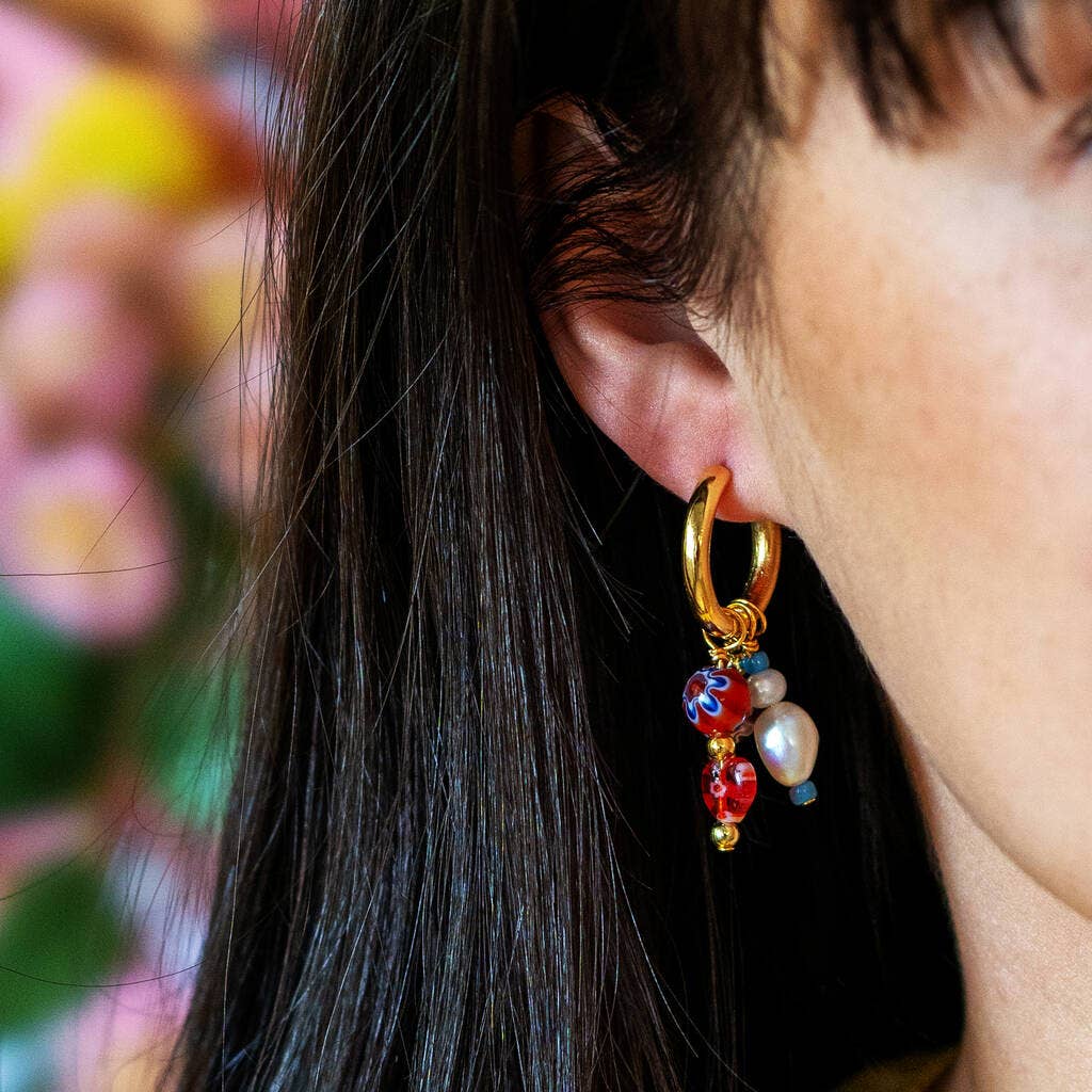 No Waste Millefiori Bead And Pearl Huggie Hoop Earrings