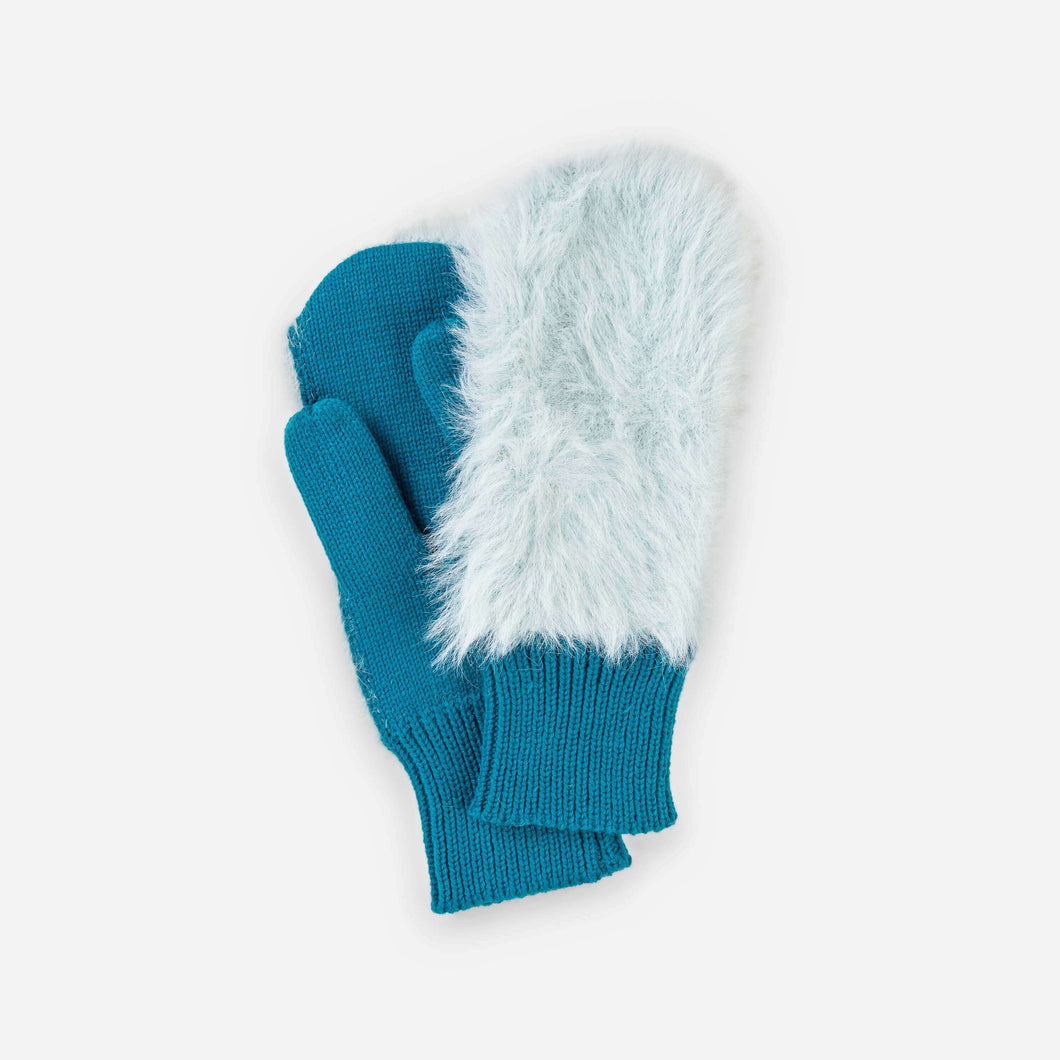 Faux Fur Knit Mittens: Stone Blue Teal