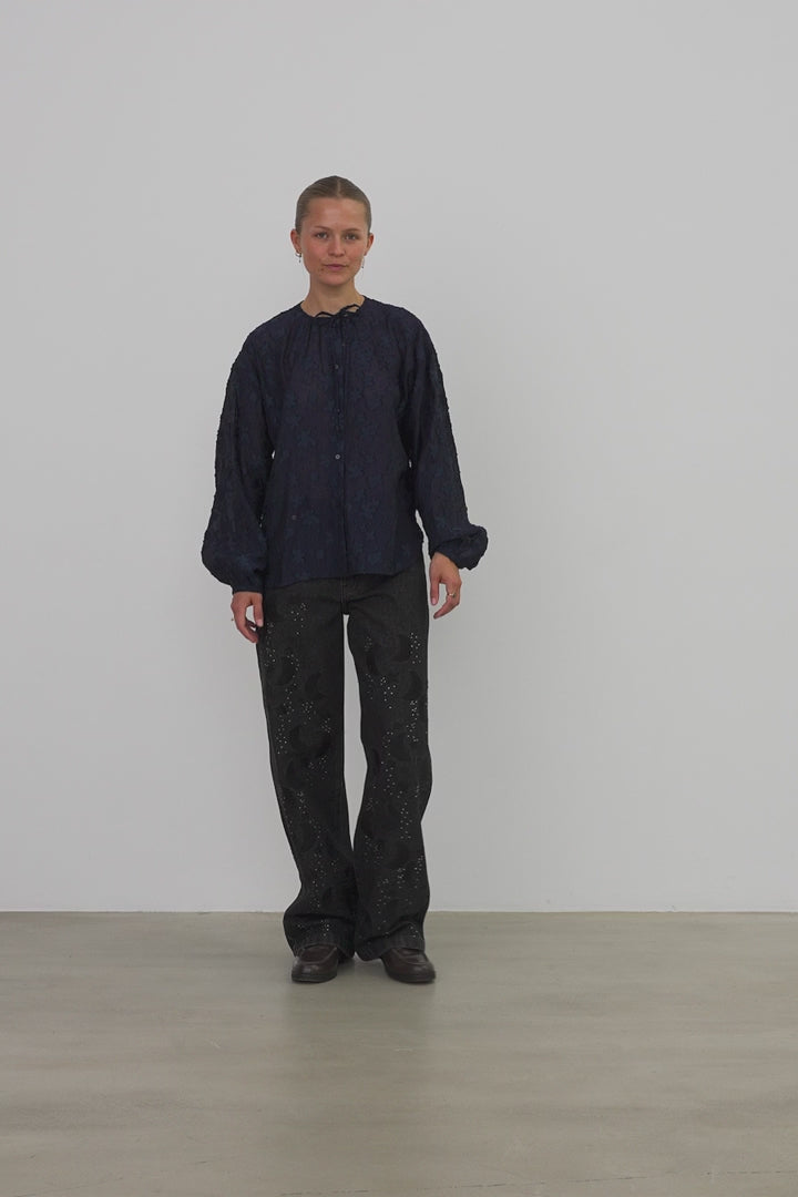 Navy Floral Jacquard Loose Shirt