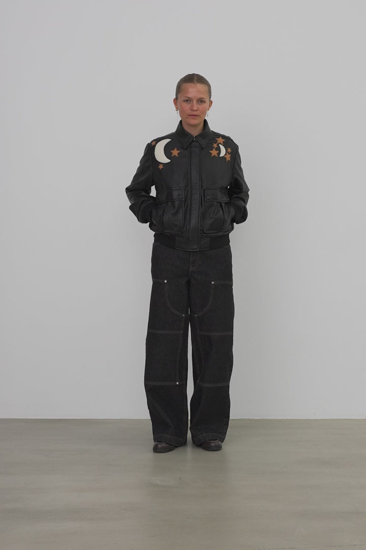 Black Starlight Leather Bomber Jacket