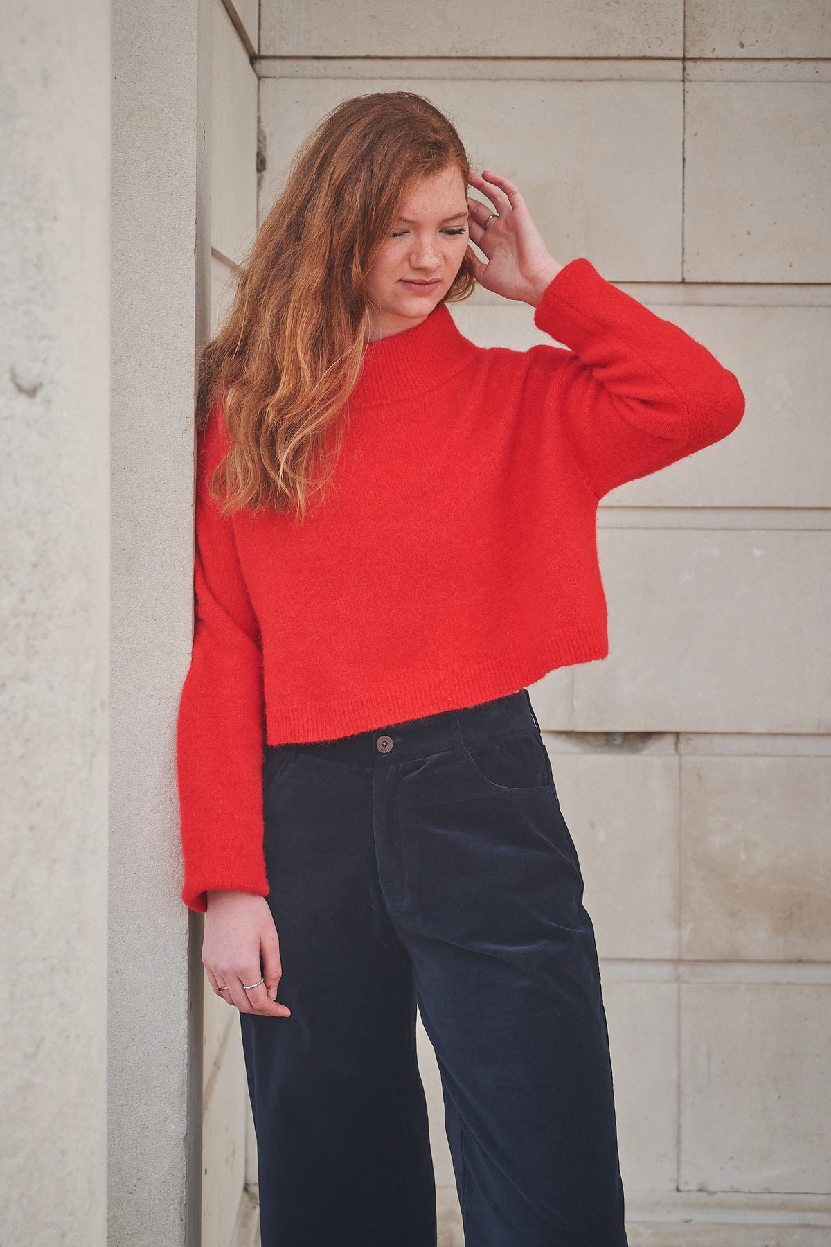 Red Cropped Funnel Neck Jumper -Last One (size Medium)
