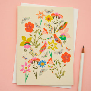 Flowers, Butterflies and Bees Greetings Card